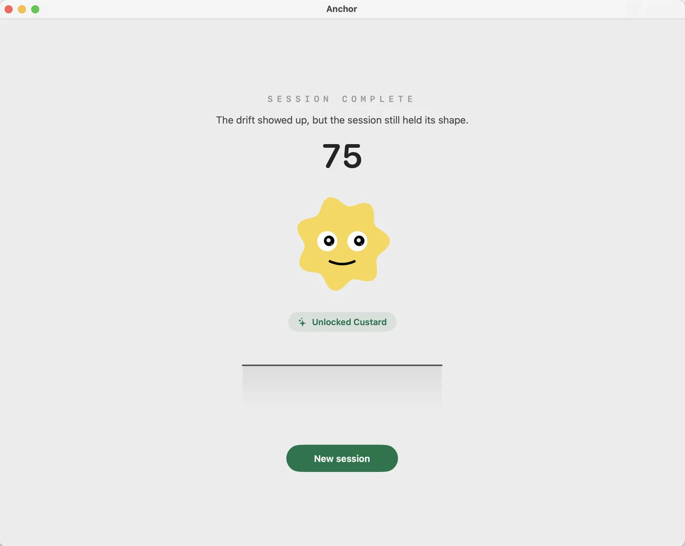 Session complete: a score of 75 and a new pet, Custard, unlocked.