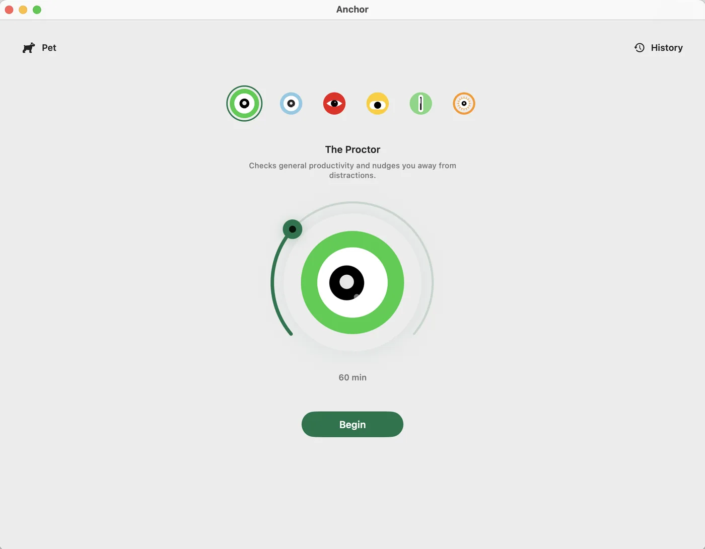 Anchor setup screen: pick a proctor, set a timer, and press Begin.